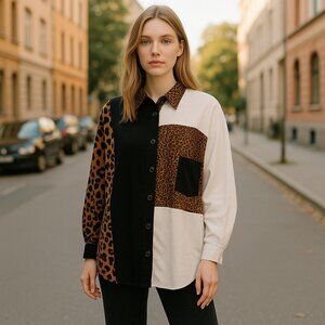 * EXPOSE Animal Print Colorblock Button Front Blouse Ladies LARGE